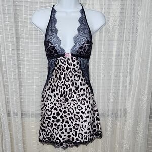 NWT Victoria's Secret Satin Leopard Print Lace Trim Halter Backless Chemise SzM